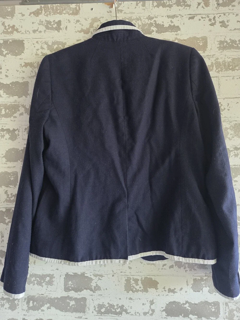 ​J.Crew Navy Blue Tipped Schoolboy Blazer Wool Blend Gold Crest Buttons 12